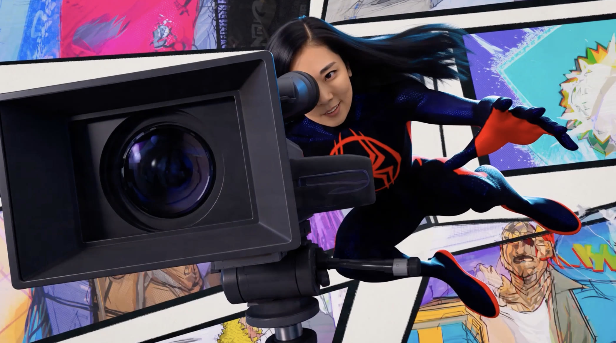 Jenny Woo and a camera leaping through colorful comic panels
